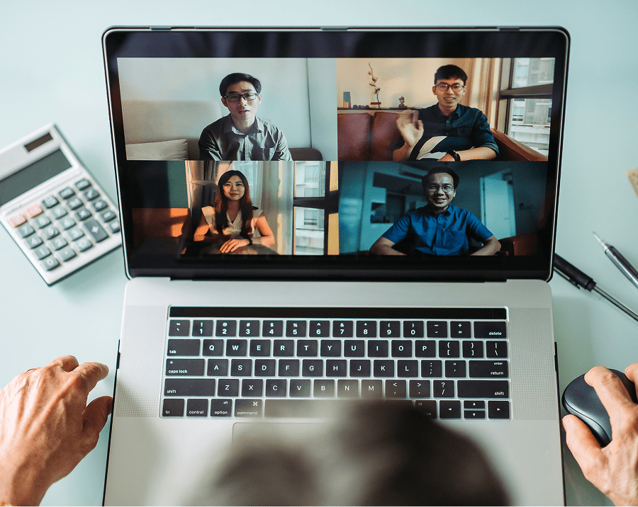 Online meeting with four participants
