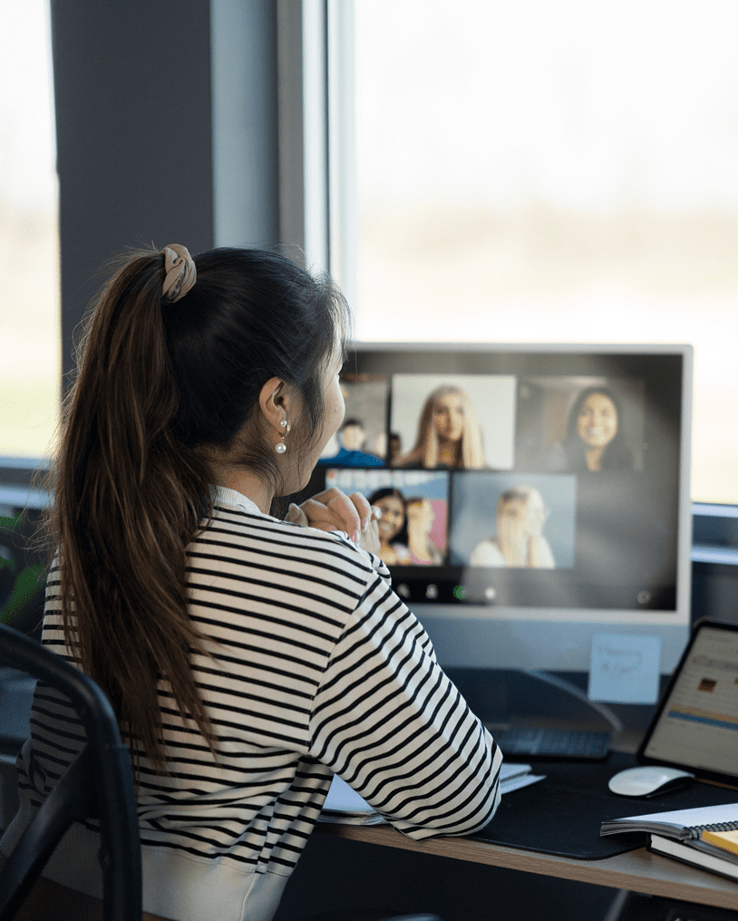 Woman participating in video conference call
